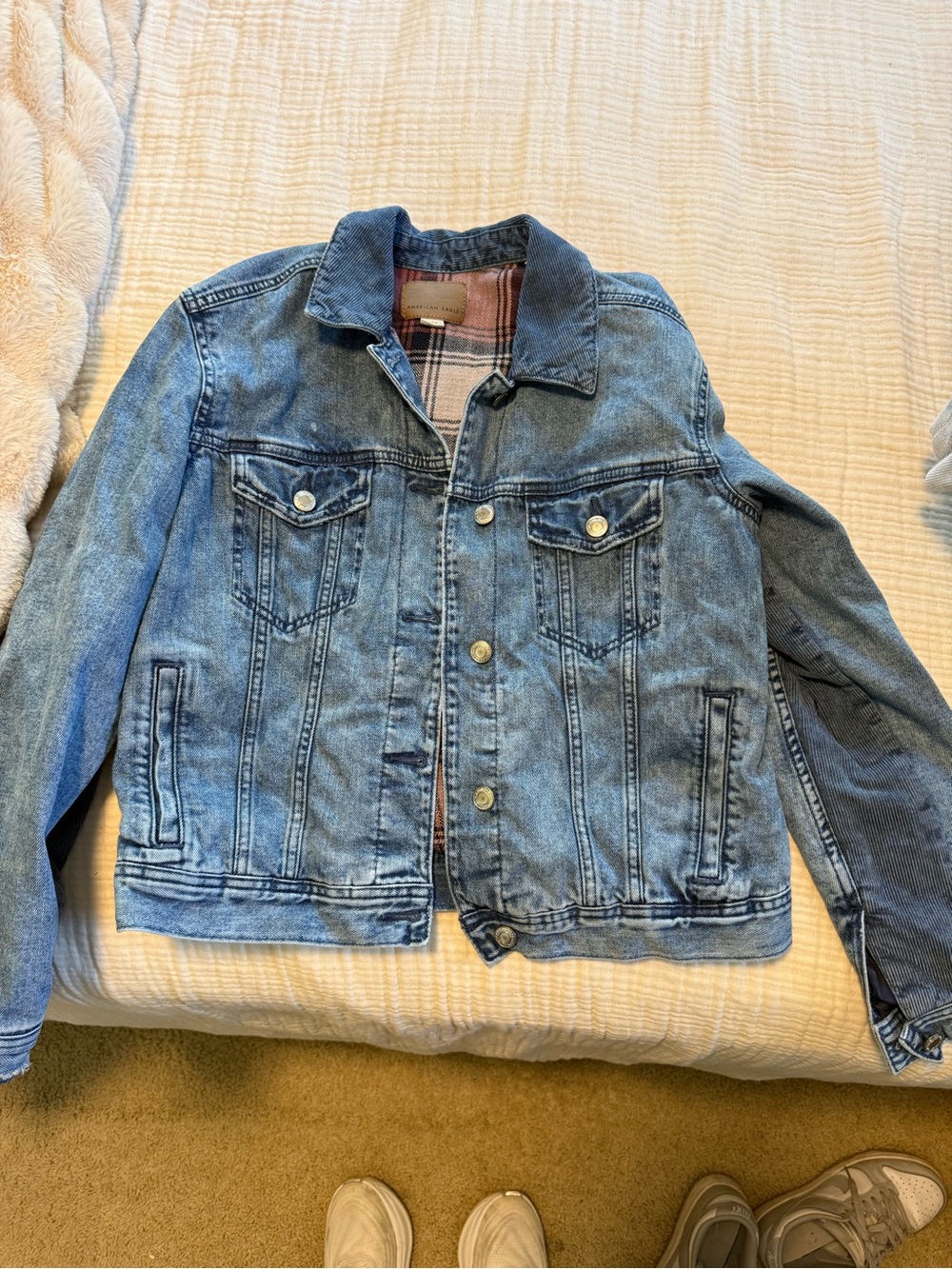 American Eagle Outfitters Blue Plaid Lined Denim Jacket